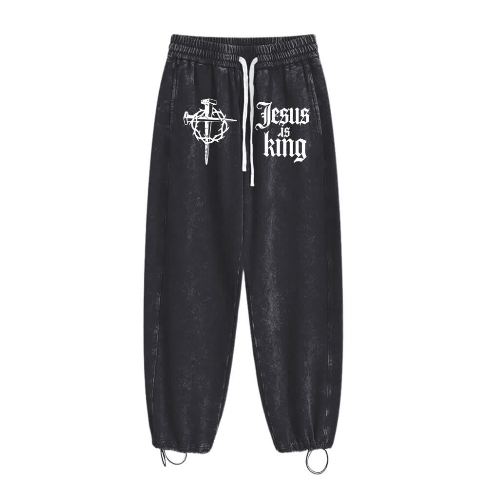 Christianartworkshop Gothic Nail Cross Jesus Is King Statement Washed Sweatpants - image 1