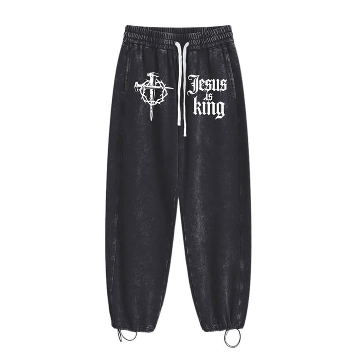 Christianartworkshop Gothic Nail Cross Jesus Is King Statement Washed Sweatpants - image 1