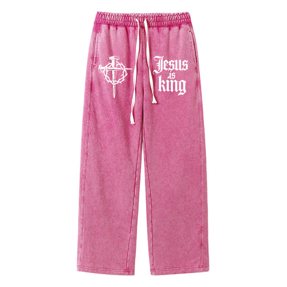 Christianartworkshop Gothic Nail Cross Jesus Is King Statement Washed Sweatpants - Rose - XL - image 16