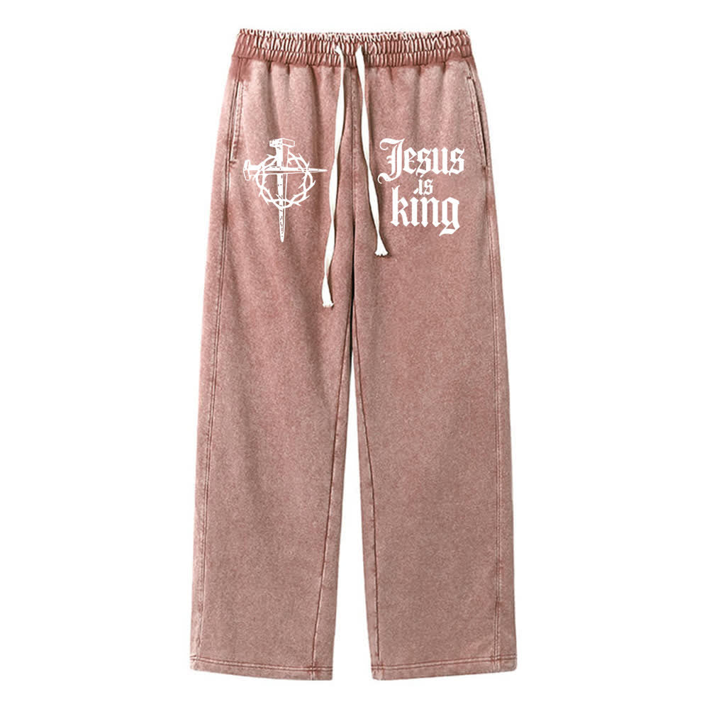 Christianartworkshop Gothic Nail Cross Jesus Is King Statement Washed Sweatpants - Brown - XL - image 12