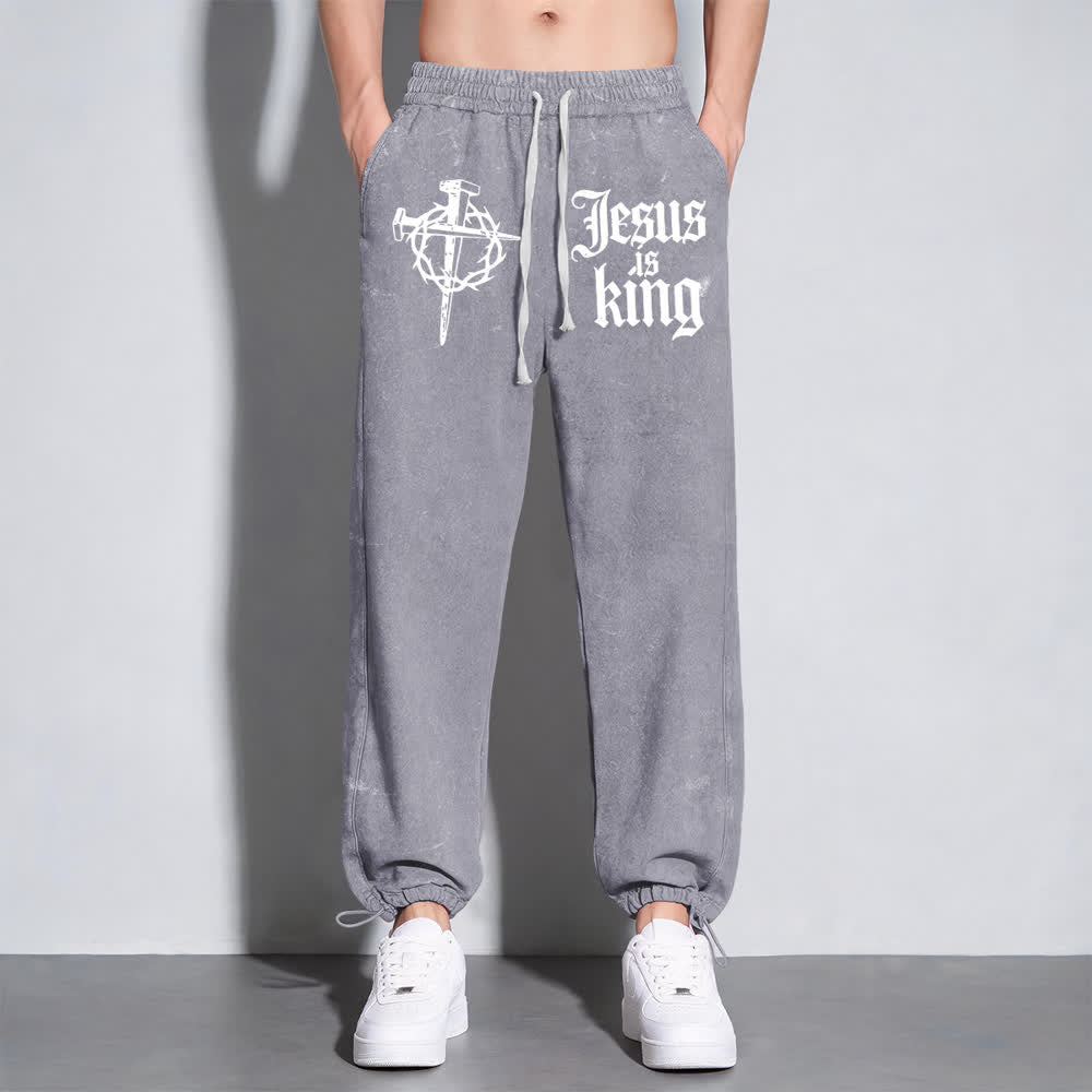 Christianartworkshop Gothic Nail Cross Jesus Is King Statement Washed Sweatpants - image 7