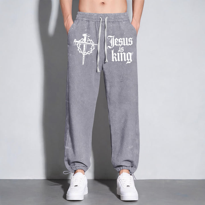Christianartworkshop Gothic Nail Cross Jesus Is King Statement Washed Sweatpants - image 7