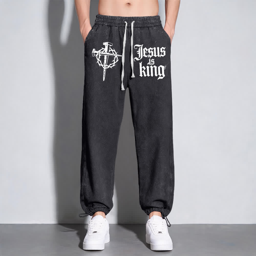 Christianartworkshop Gothic Nail Cross Jesus Is King Statement Washed Sweatpants - image 3