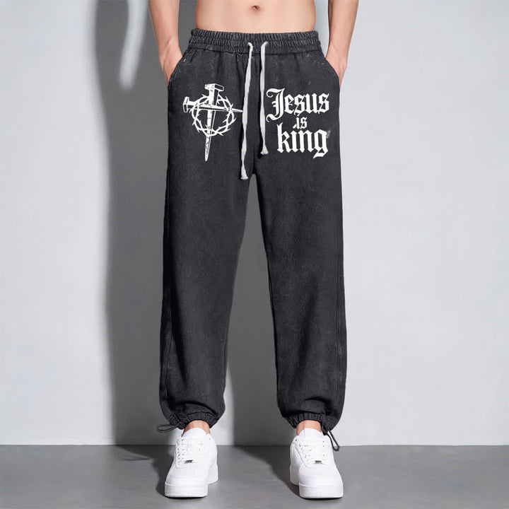 Christianartworkshop Gothic Nail Cross Jesus Is King Statement Washed Sweatpants - image 3