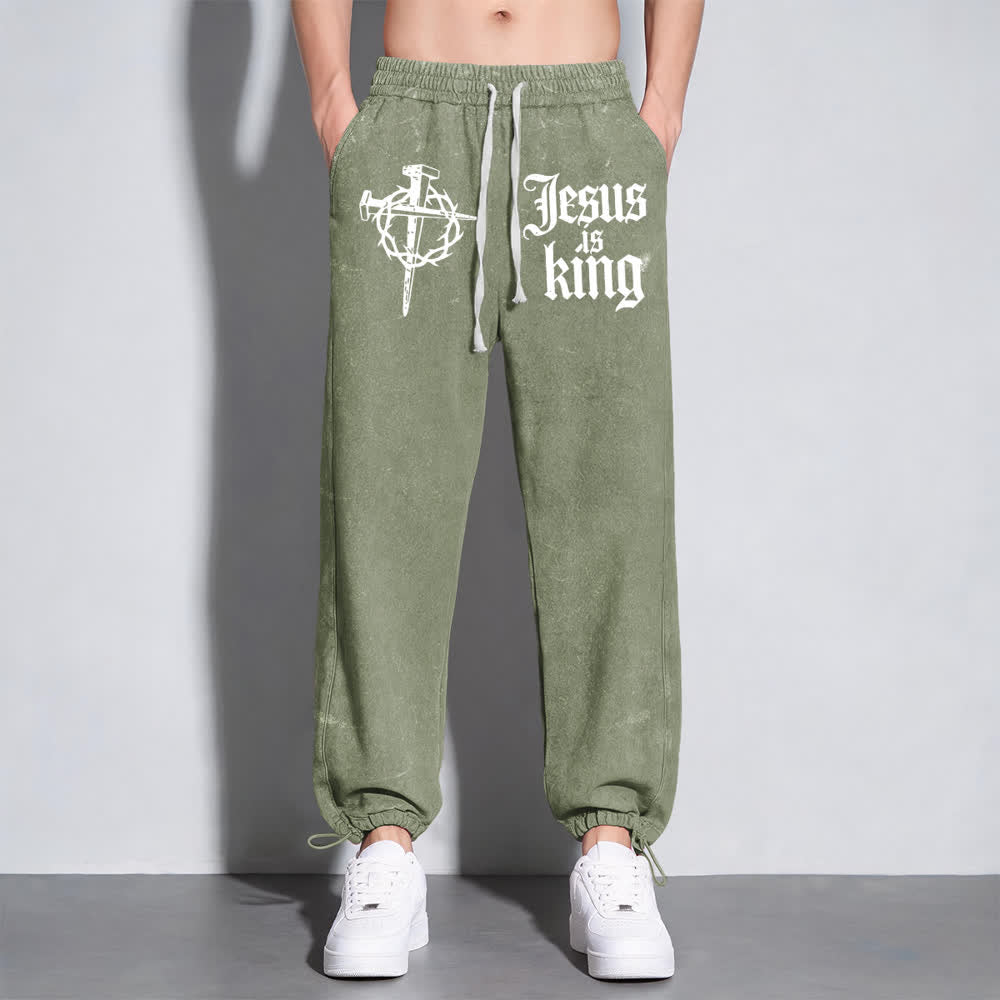 Christianartworkshop Gothic Nail Cross Jesus Is King Statement Washed Sweatpants - image 11
