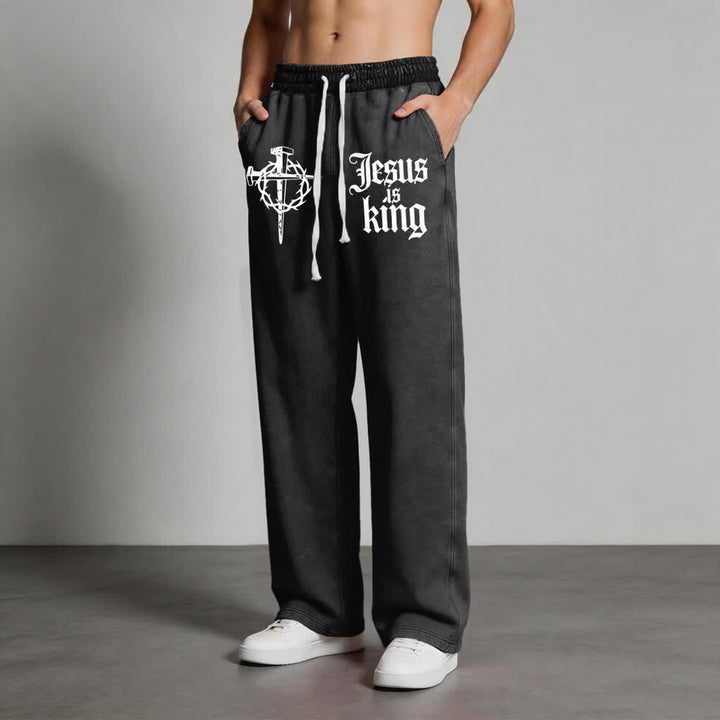 Christianartworkshop Gothic Nail Cross Jesus Is King Statement Washed Sweatpants - image 2