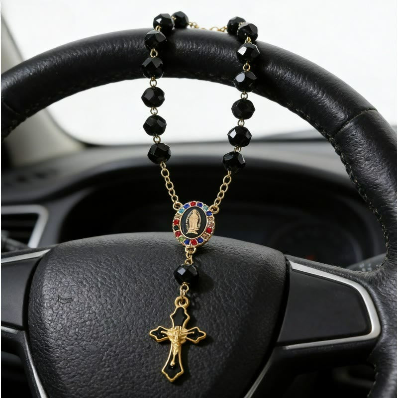 Christianartworkshop Elegant Enamel Medallion Crucifix Car Rosary: Emblem of Peace‑Filled Sacred Comfort - image 1