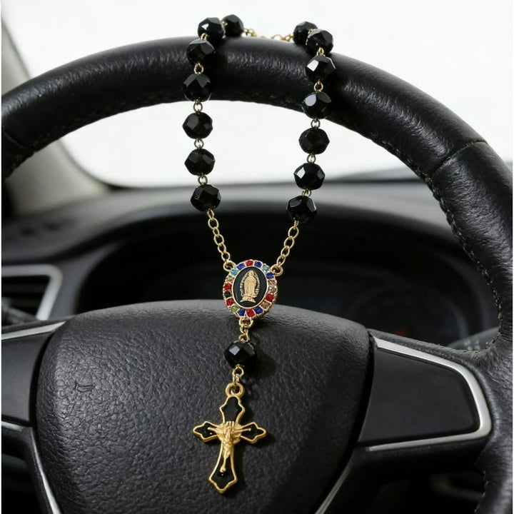 Christianartworkshop Elegant Enamel Medallion Crucifix Car Rosary: Emblem of Peace‑Filled Sacred Comfort - image 1