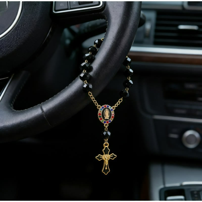 Christianartworkshop Elegant Enamel Medallion Crucifix Car Rosary: Emblem of Peace‑Filled Sacred Comfort - Black - image 0