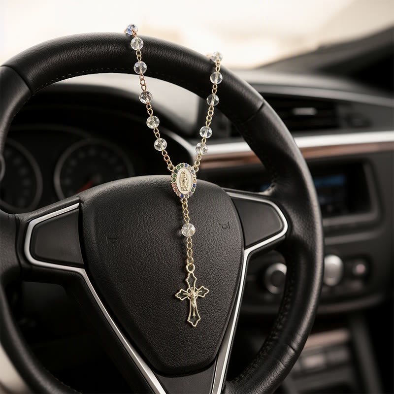 Christianartworkshop Elegant Enamel Medallion Crucifix Car Rosary: Emblem of Peace‑Filled Sacred Comfort - White - image 8