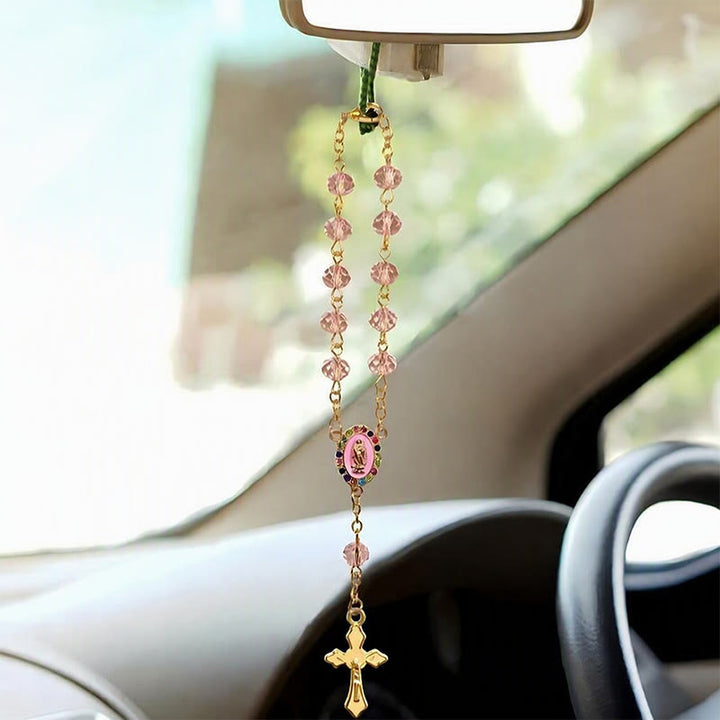 Christianartworkshop Elegant Enamel Medallion Crucifix Car Rosary: Emblem of Peace‑Filled Sacred Comfort - Pink - image 6