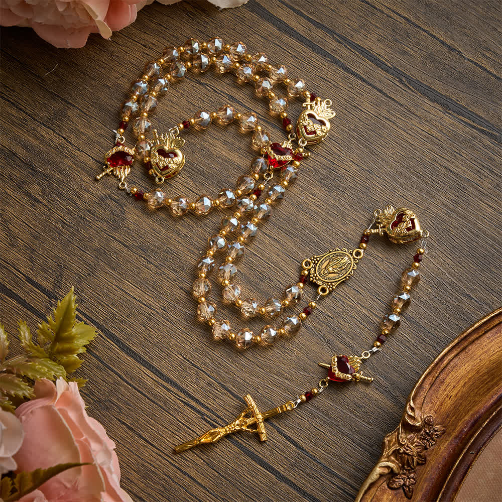 Christianartworkshop Champagne Faceted Glass Rosary With Sacred Heart Charms: Emblem of Enduring Divine Love - image 2
