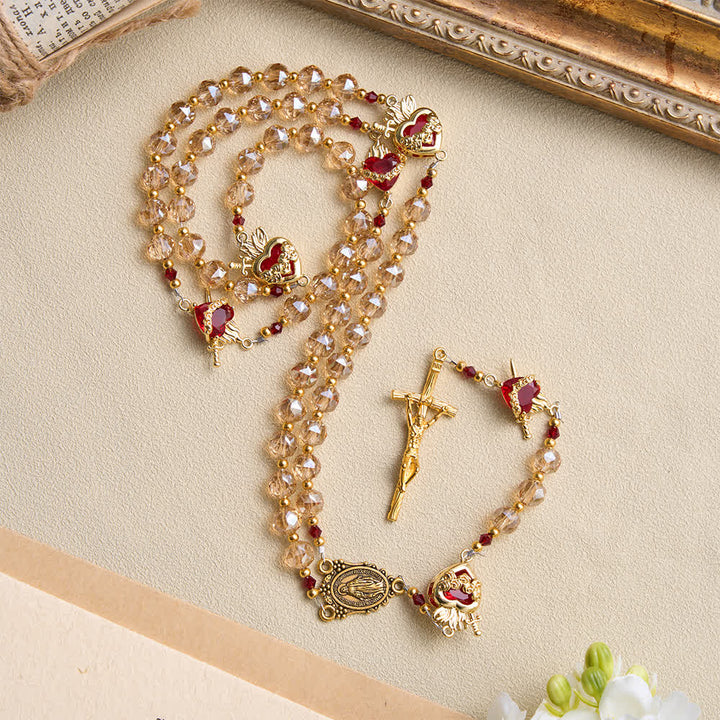 Christianartworkshop Champagne Faceted Glass Rosary With Sacred Heart Charms: Emblem of Enduring Divine Love - Sacred Heart Champagne Rosary - image 0