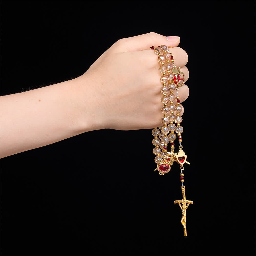 Christianartworkshop Champagne Faceted Glass Rosary With Sacred Heart Charms: Emblem of Enduring Divine Love - image 1
