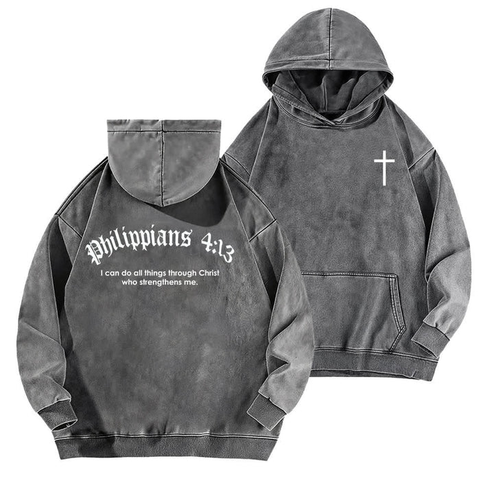 Christianartworkshop Philippians 4:13 Gothic Back Print Cross Washed Hoodie - Grey - 5XL - image 6