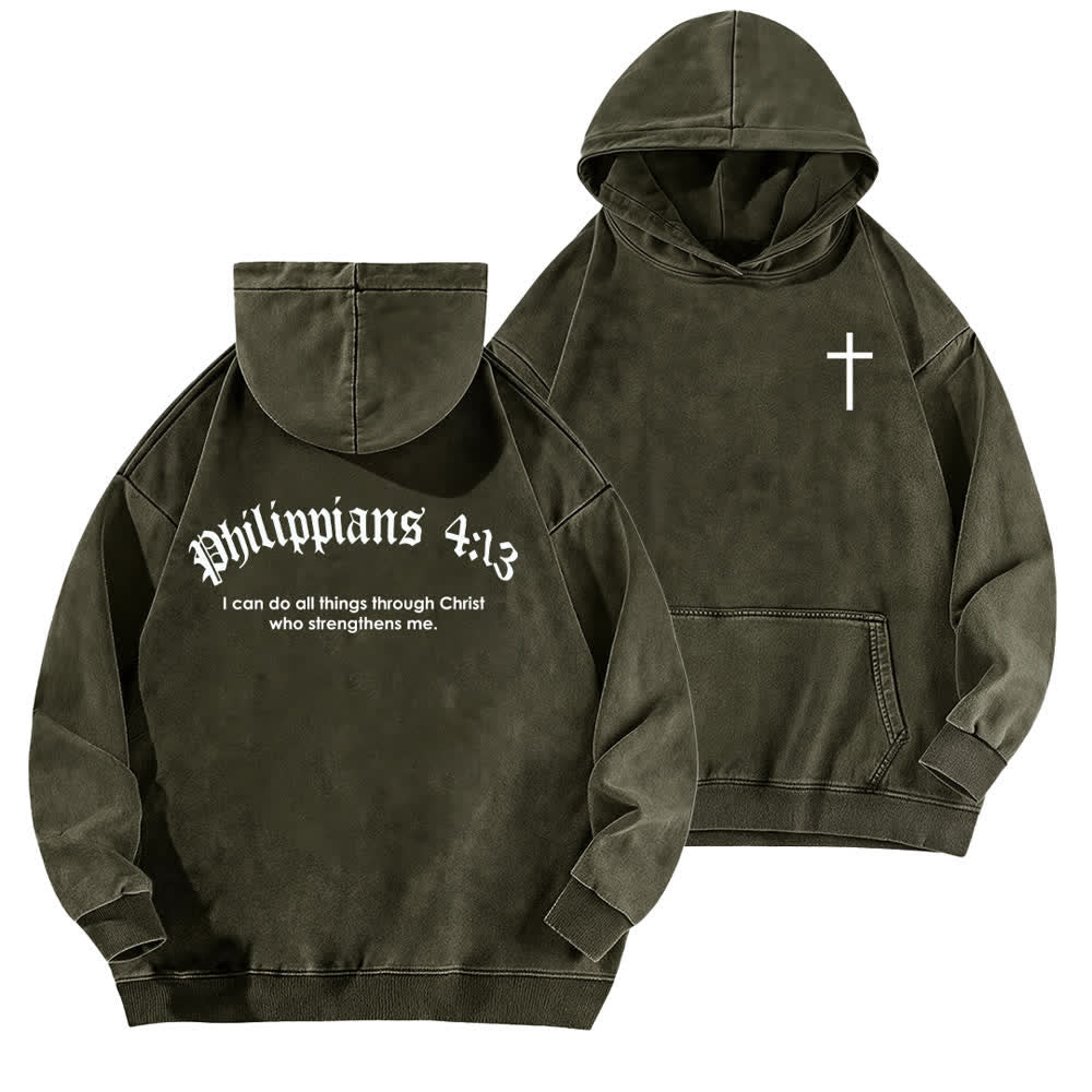 Christianartworkshop Philippians 4:13 Gothic Back Print Cross Washed Hoodie - Army Green - 5XL - image 9