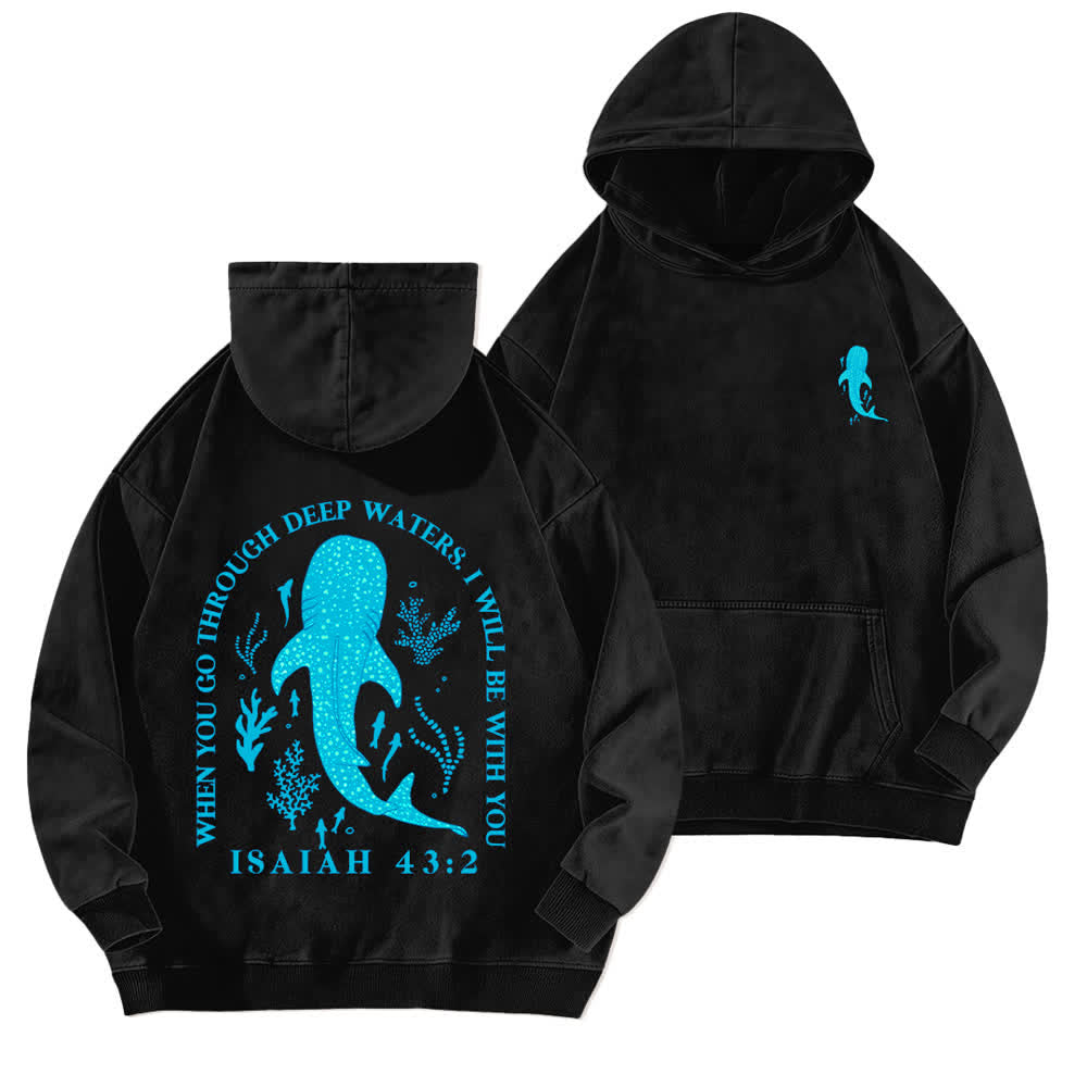 Christianartworkshop Deep Waters Isaiah 43:2 Whale Shark Washed Hoodie - Black - 5XL - image 3