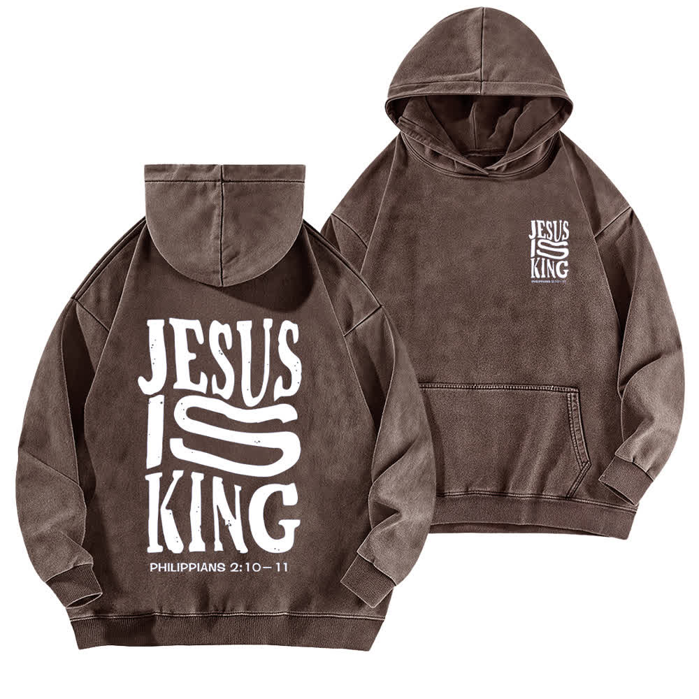 Christianartworkshop Jesus Is King Front And Back Print Washed Hoodie - Brown - 5XL - image 9