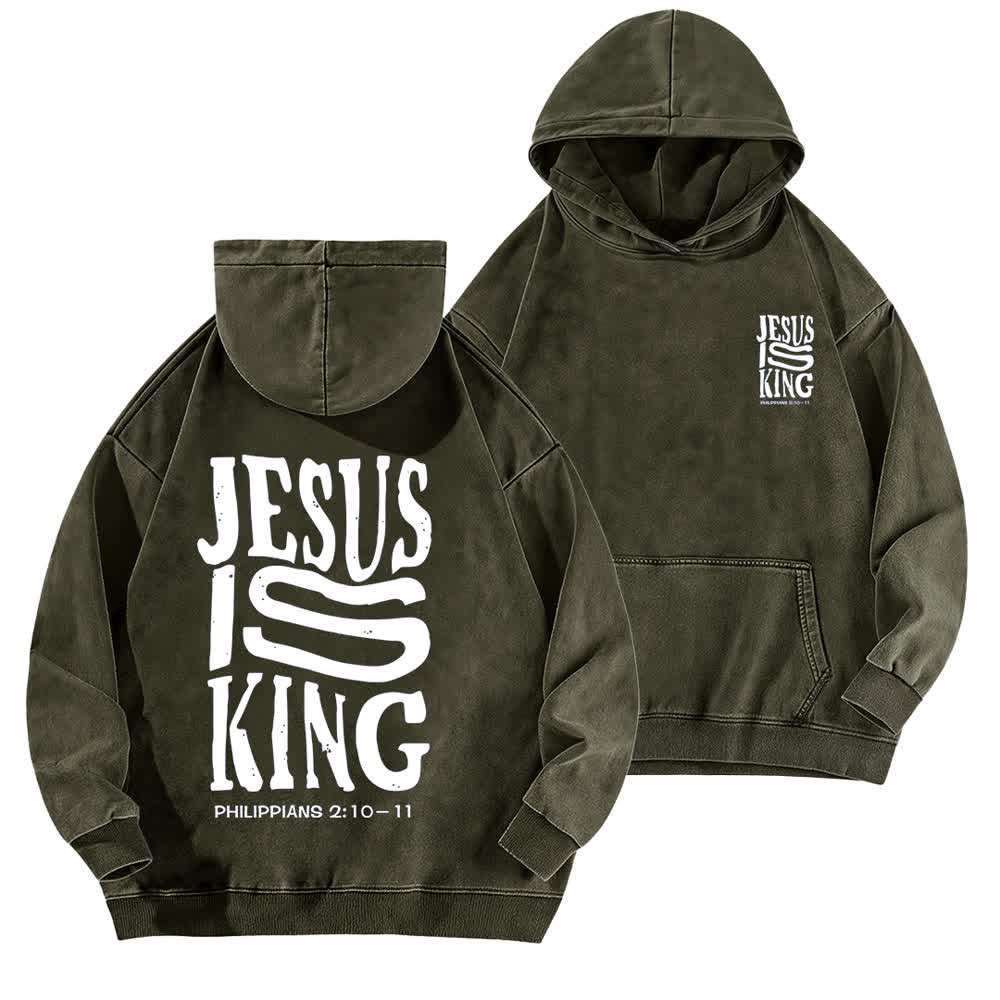 Christianartworkshop Jesus Is King Front And Back Print Washed Hoodie - Army Green - 5XL - image 0