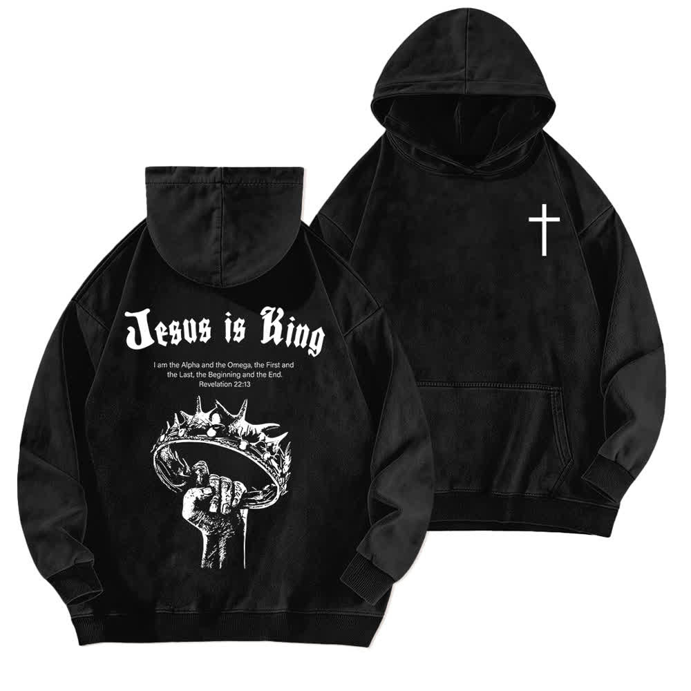 Christianartworkshop Jesus Is King Crown Of Thorns Washed Hoodie - Black - 5XL - image 3