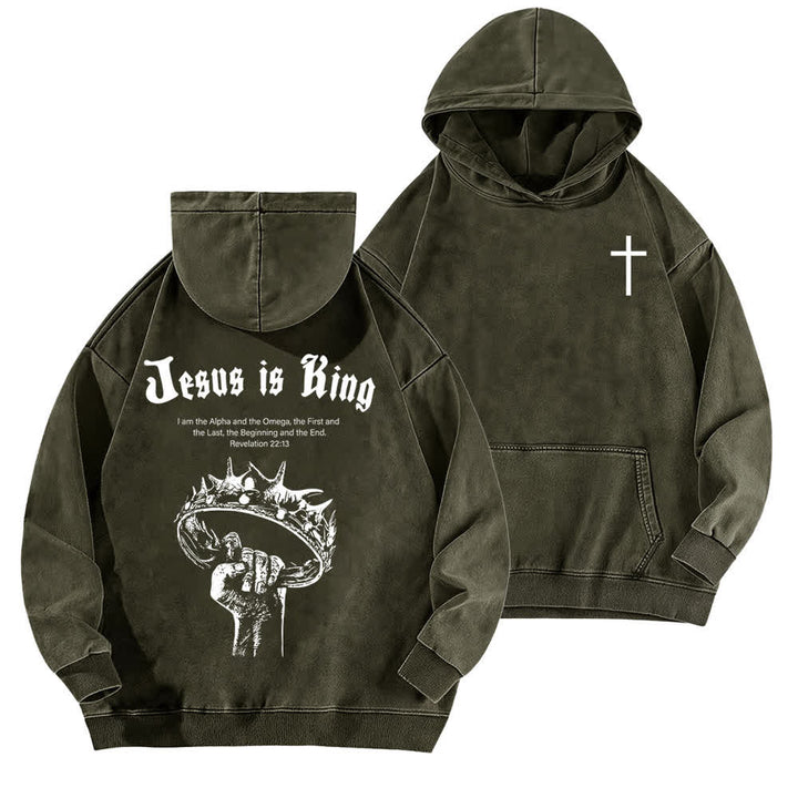 Christianartworkshop Jesus Is King Crown Of Thorns Washed Hoodie - Army Green - 5XL - image 9