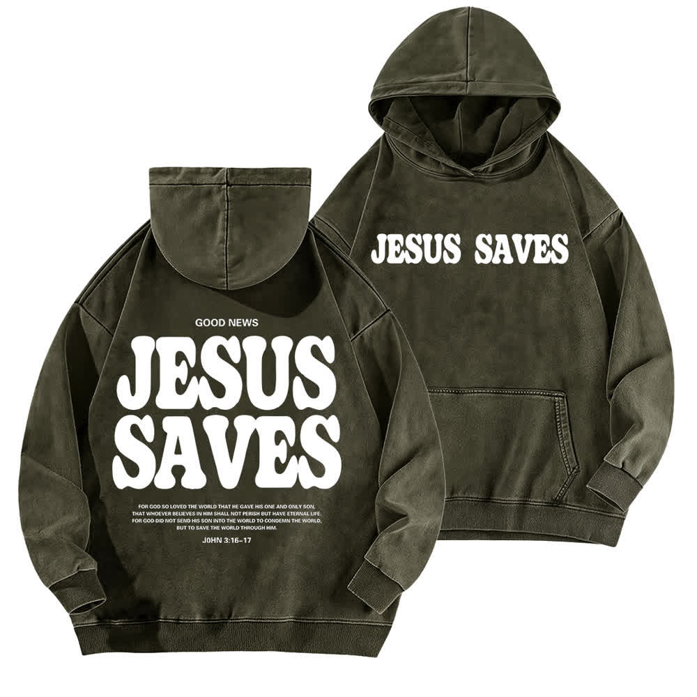 Christianartworkshop Jesus Saves Good News Front And Back Washed Hoodie - Army Green - 5XL - image 6
