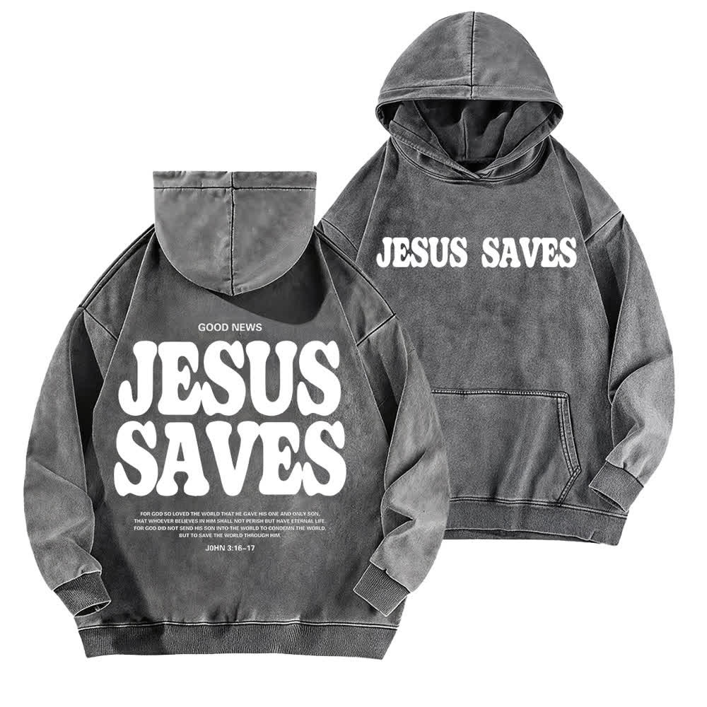 Christianartworkshop Jesus Saves Good News Front And Back Washed Hoodie - Grey - 5XL - image 3