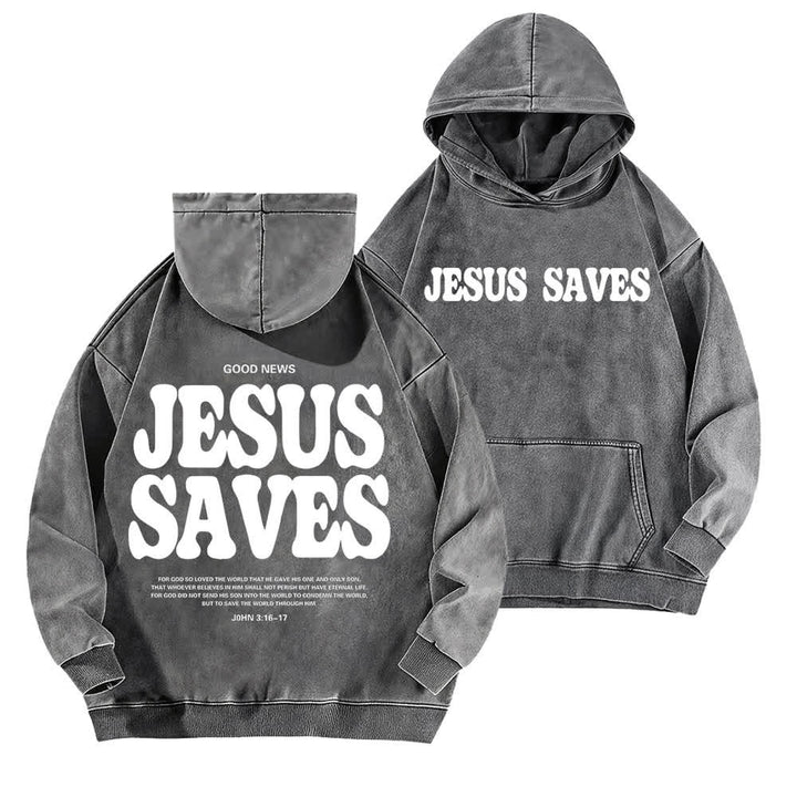 Christianartworkshop Jesus Saves Good News Front And Back Washed Hoodie - Grey - 5XL - image 3