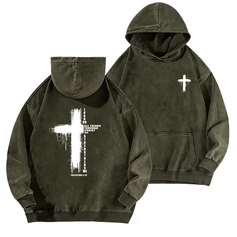 Christianartworkshop Vintage Cross Philippians 4:13 Front And Back Washed Hoodie - Army Green - 5XL - image 0