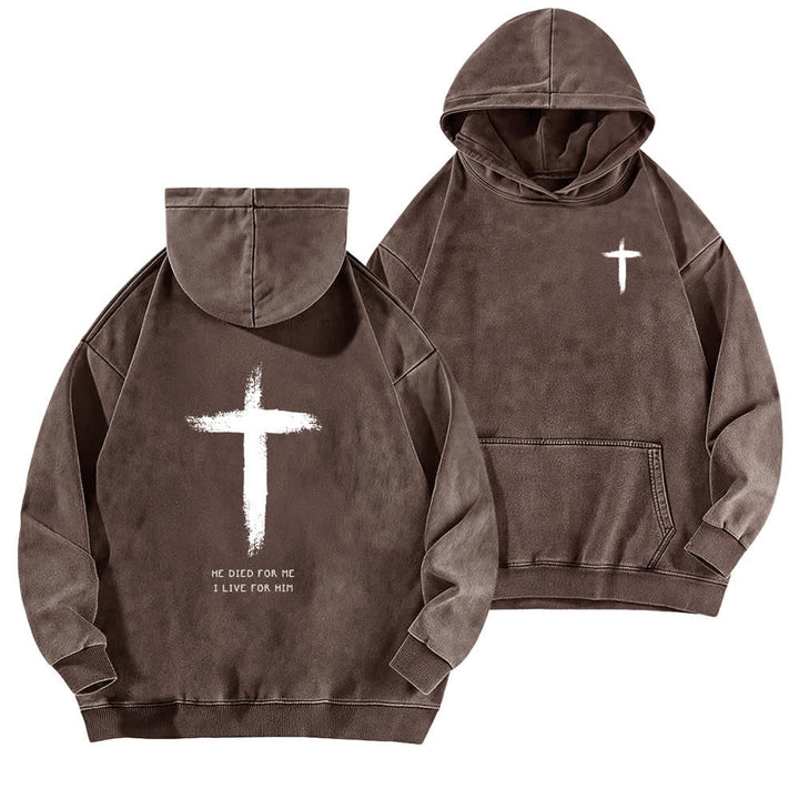 Christianartworkshop He Died For Me Cross Back Print Washed Hoodie - Brown - 5XL - image 9