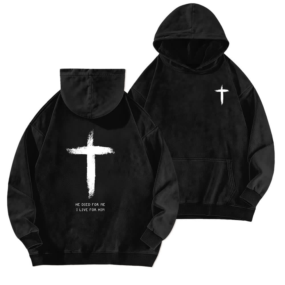 Christianartworkshop He Died For Me Cross Back Print Washed Hoodie - Black - 5XL - image 3