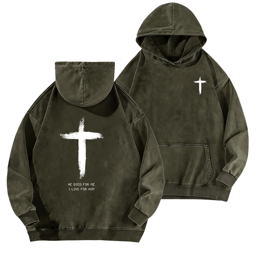 Christianartworkshop He Died For Me Cross Back Print Washed Hoodie - Army Green - 5XL - image 12