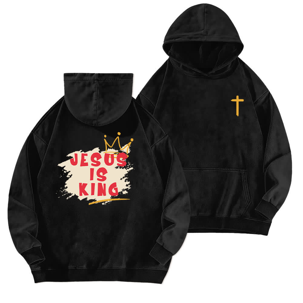 Christianartworkshop Jesus Is King Crown Back Print Washed Hoodie - Black - 5XL - image 0