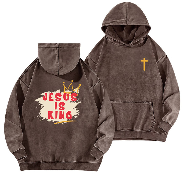 Christianartworkshop Jesus Is King Crown Back Print Washed Hoodie - Brown - 5XL - image 9