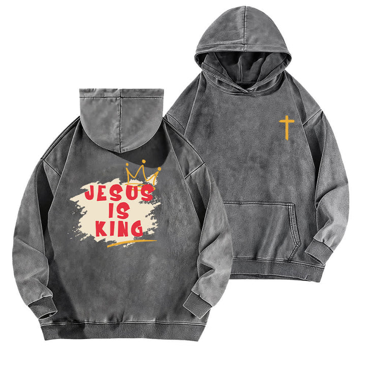 Christianartworkshop Jesus Is King Crown Back Print Washed Hoodie - Grey - 5XL - image 12