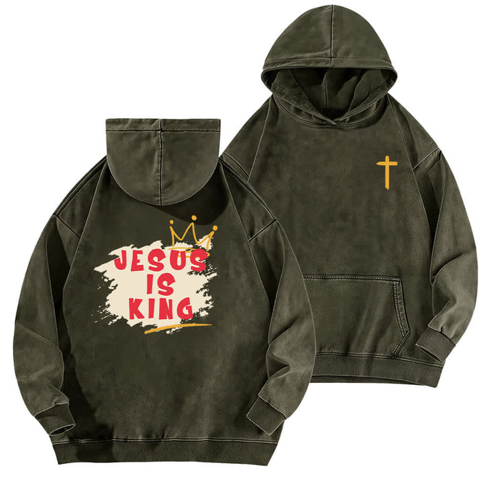 Christianartworkshop Jesus Is King Crown Back Print Washed Hoodie - Army Green - 5XL - image 6