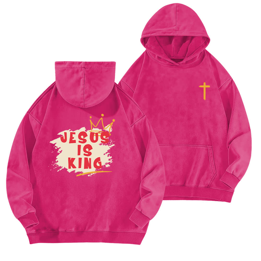 Christianartworkshop Jesus Is King Crown Back Print Washed Hoodie - Rose - 5XL - image 15