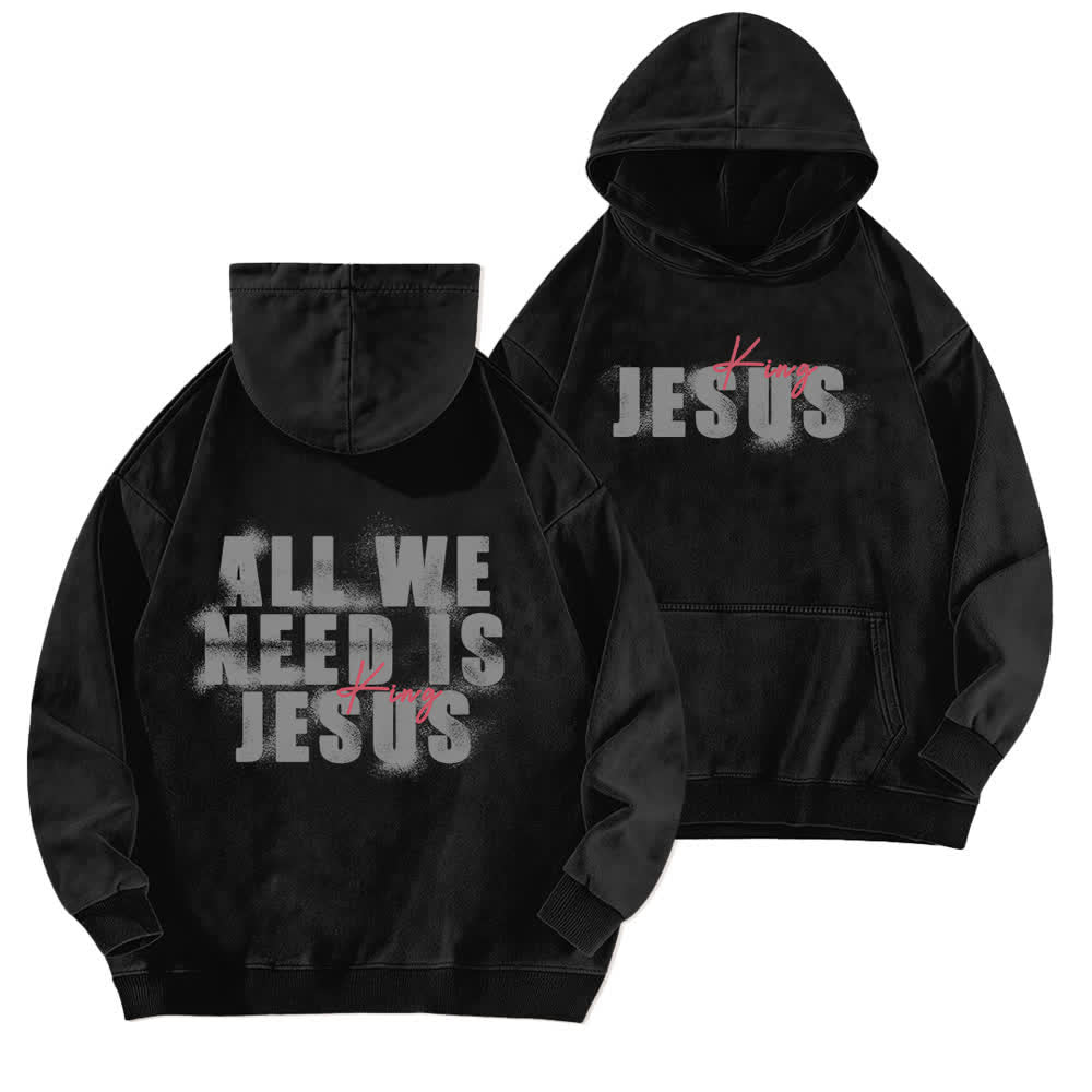 Christianartworkshop Jesus King Front And Back Print Washed Hoodie - Black - 5XL - image 3