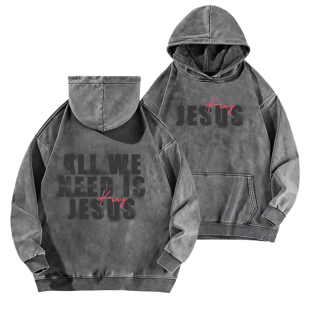 Christianartworkshop Jesus King Front And Back Print Washed Hoodie - Grey - 5XL - image 6