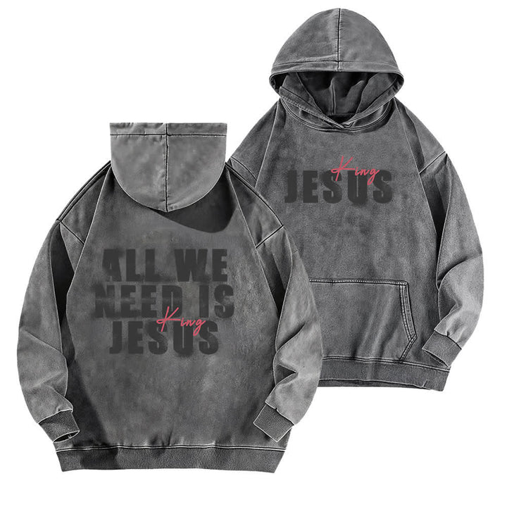 Christianartworkshop Jesus King Front And Back Print Washed Hoodie - Grey - 5XL - image 6