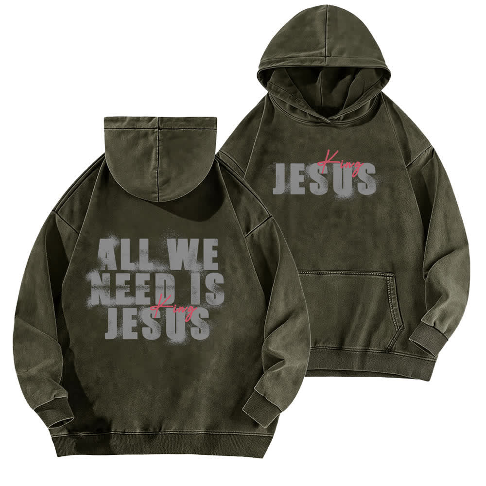 Christianartworkshop Jesus King Front And Back Print Washed Hoodie - Army Green - 5XL - image 9