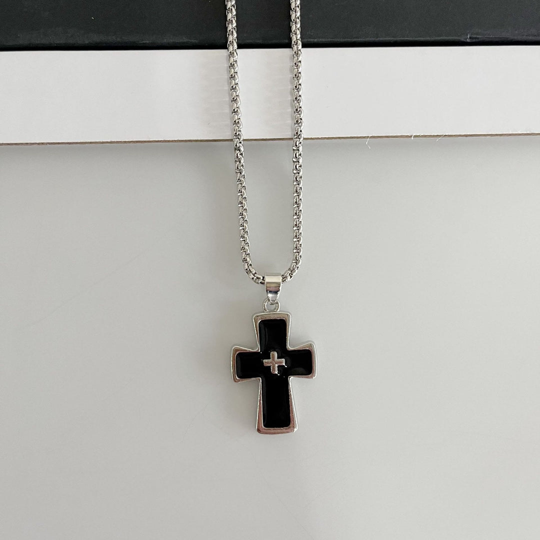Christianartworkshop Polished Bezel‑Set Double‑Cross Necklace: Emblem of Timeless Heavenly Grace - Black - image 7
