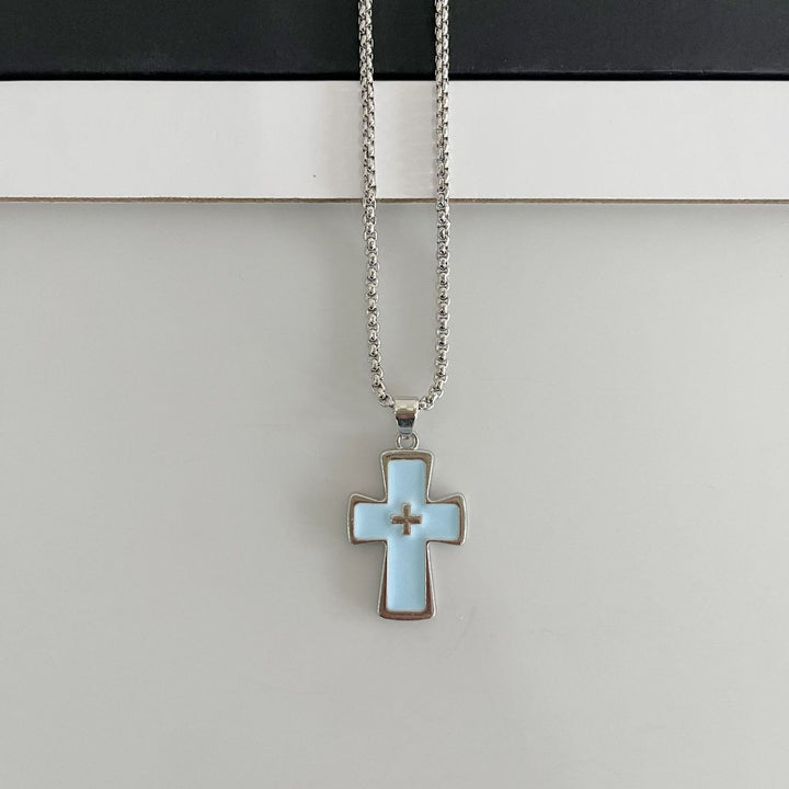Christianartworkshop Polished Bezel‑Set Double‑Cross Necklace: Emblem of Timeless Heavenly Grace - Sky Blue - image 5