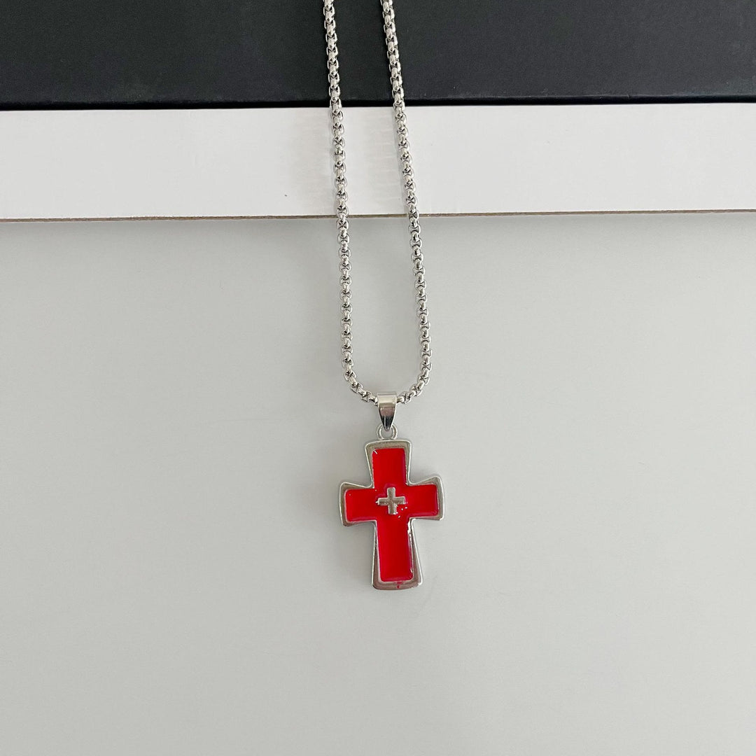 Christianartworkshop Polished Bezel‑Set Double‑Cross Necklace: Emblem of Timeless Heavenly Grace - Red - image 6