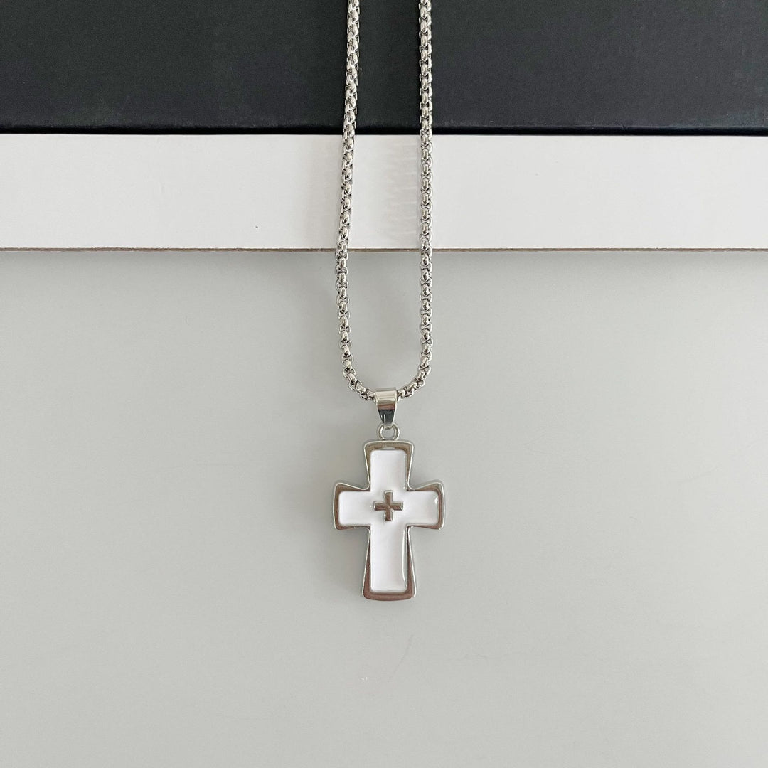 Christianartworkshop Polished Bezel‑Set Double‑Cross Necklace: Emblem of Timeless Heavenly Grace - White - image 3