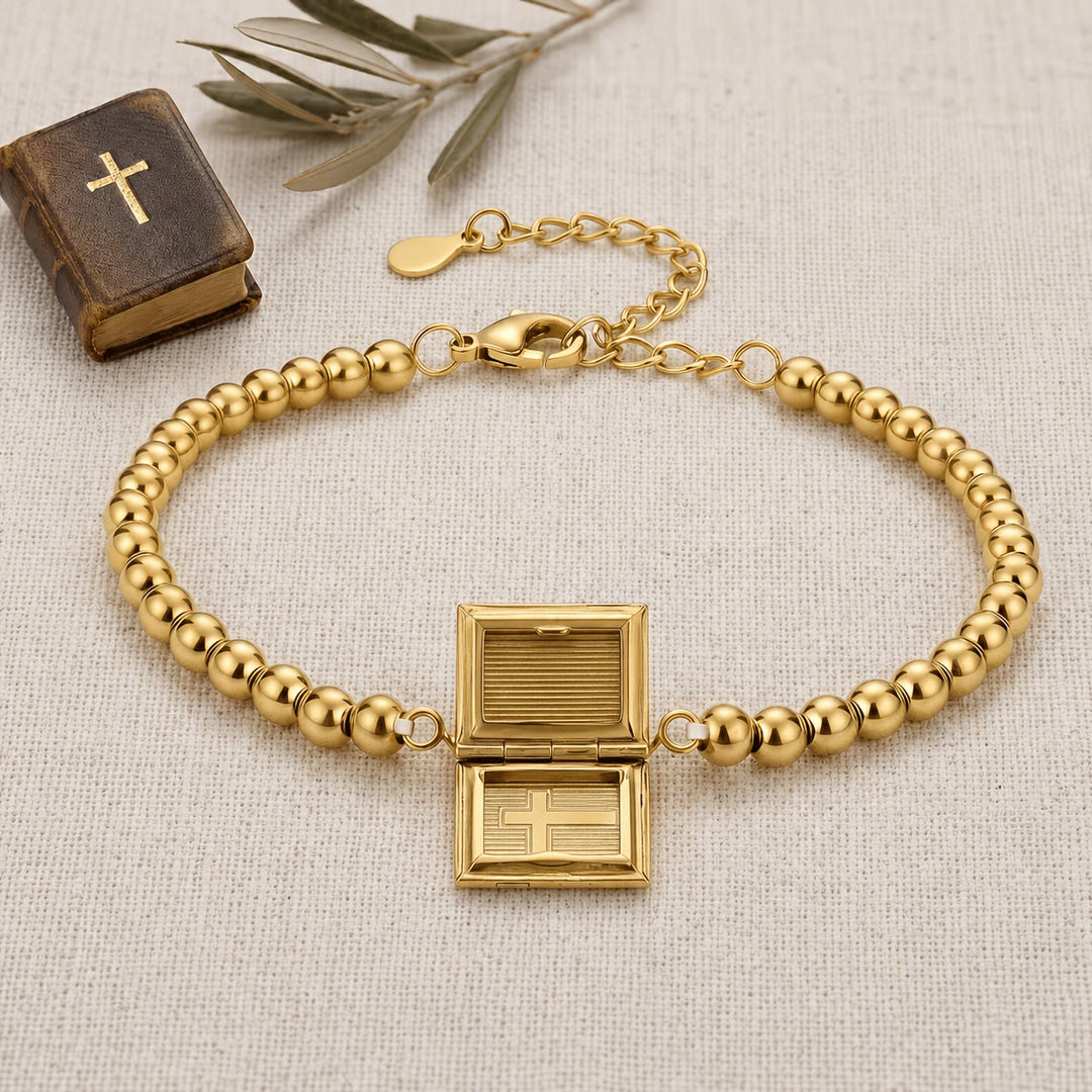 Christianartworkshop Openable Book‑Shaped Cross Locket Bead Bracelet: Token of Treasured Inner Devotion - Golden - image 0
