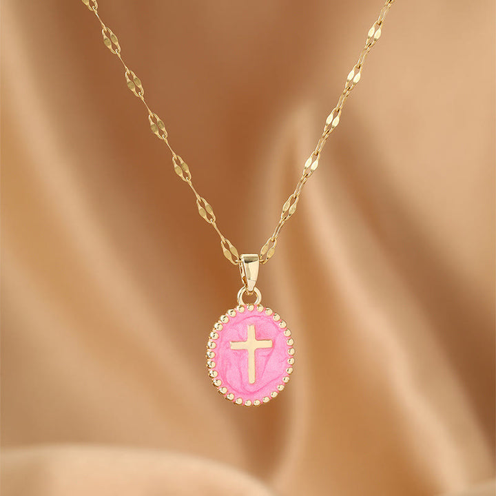 Christianartworkshop Textured Bezel Enamel Cross Oval Necklace: Symbol of Calm Celestial Serenity - Pink - image 6