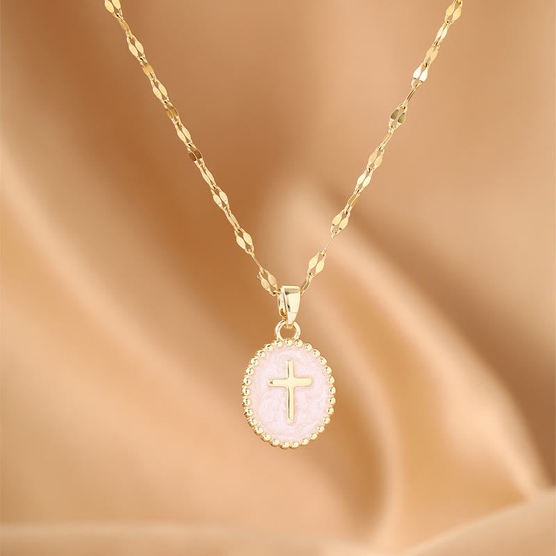FREE Today: Textured Bezel Enamel Cross Oval Necklace: Symbol of Calm Celestial Serenity - White - image 2
