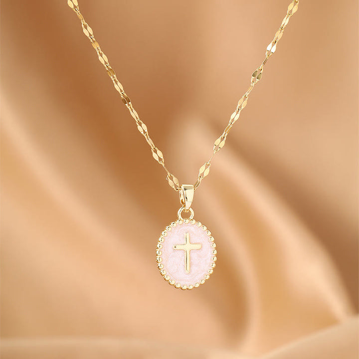 FREE Today: Textured Bezel Enamel Cross Oval Necklace: Symbol of Calm Celestial Serenity - White - image 2
