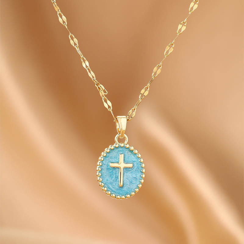 Christianartworkshop Textured Bezel Enamel Cross Oval Necklace: Symbol of Calm Celestial Serenity - Blue - image 9